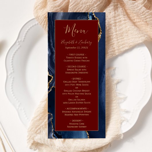 Modern Navy Blauwe Gouden Agate Bourgondische Trou Menu