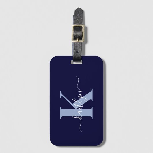 Modern Navy Blauwe Script Monogram Bagagelabel (Voorkant (verticaal))
