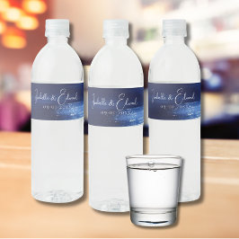 Modern Navy Blauwe & Witte Waterverfpenseelstreken Waterfles Etiket