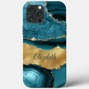 Modern Navy Blauwgroen en Gold Agaat Monogram Case-Mate iPhone Case