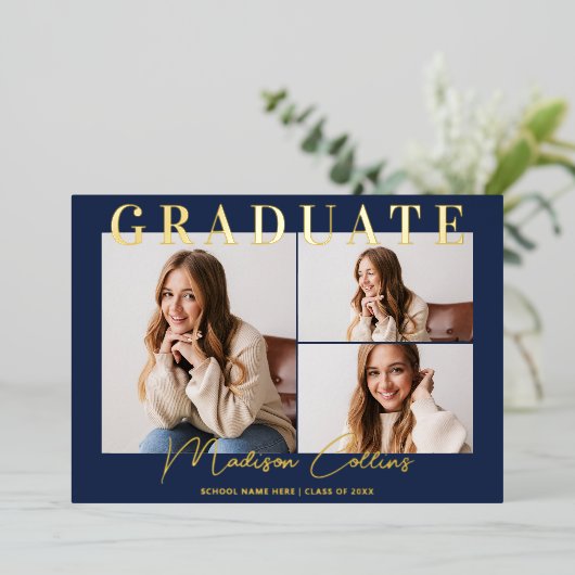 Modern Navy Blue 3 Foto Afstuderen Gold Folie Uitnodiging (Staand Voorkant)