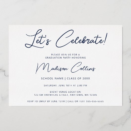 Modern Navy Blue 3 Foto Afstuderen Gold Folie Uitnodiging (Achterkant)