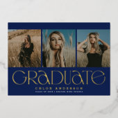 Modern Navy Blue 3 Photo Afstuderen aangekondigd Folie Uitnodiging (Voorkant)