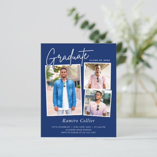 Modern Navy Blue 3 Photo Afstuderen Invitation (Staand voorkant)