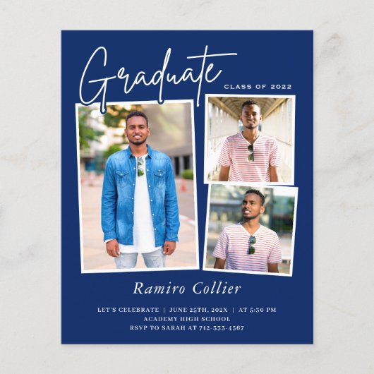Modern Navy Blue 3 Photo Afstuderen Invitation (Voorkant)