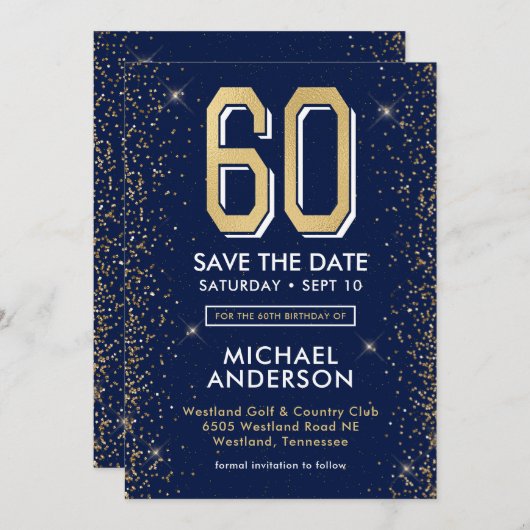 Modern Navy Blue 60e verjaardag Save The Date (Voorkant / Achterkant)