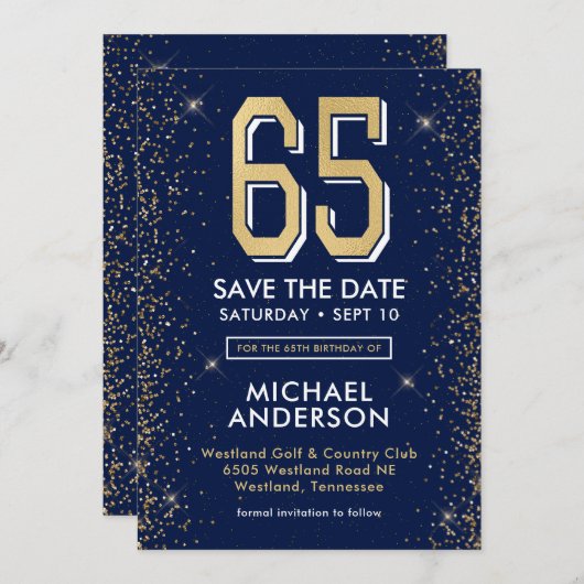 Modern Navy Blue 65e verjaardag Save The Date (Voorkant / Achterkant)