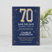 Modern Navy Blue 70e verjaardag Save The Date (Staand voorkant)