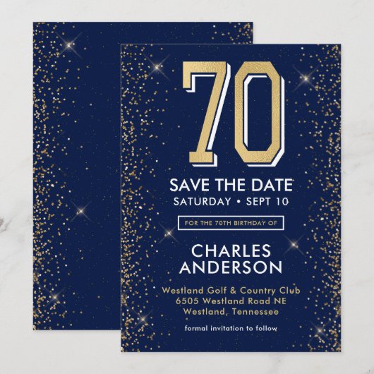 Modern Navy Blue 70e verjaardag Save The Date (Voorkant / Achterkant)