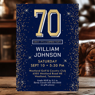 Modern Navy Blue 70ste verjaardag Surprise Party Kaart