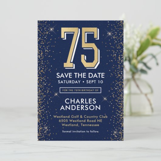 Modern Navy Blue 75e verjaardag Save The Date (Staand voorkant)