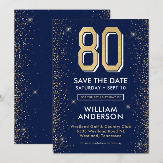 Modern Navy Blue 80ste verjaardag Save The Date (Voorkant / Achterkant)