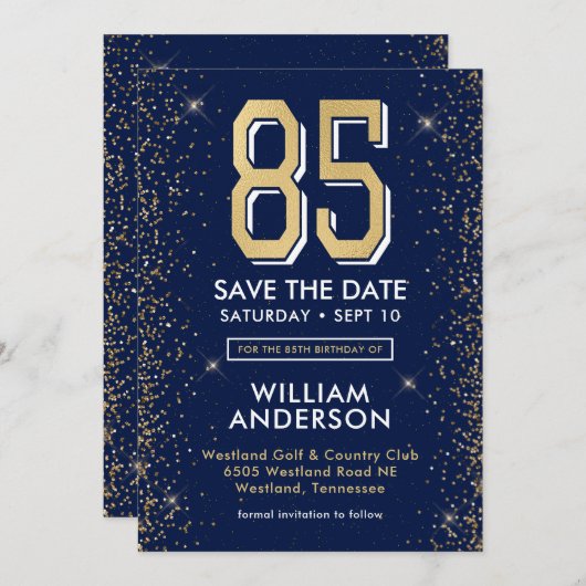 Modern Navy Blue 85e verjaardag Save The Date (Voorkant / Achterkant)