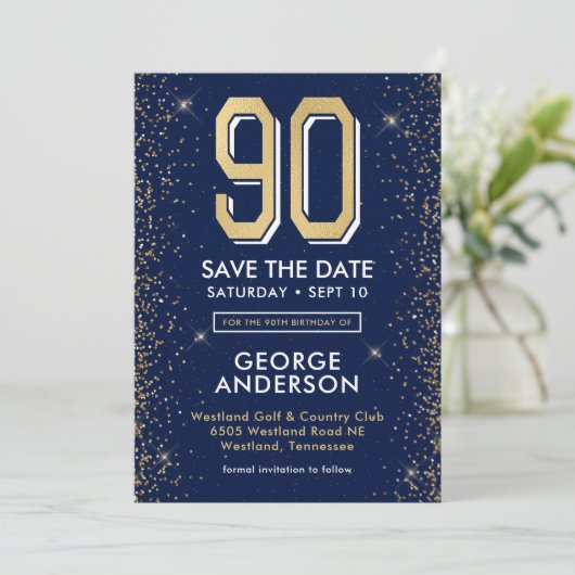 Modern Navy Blue 90ste verjaardag Save The Date (Staand voorkant)