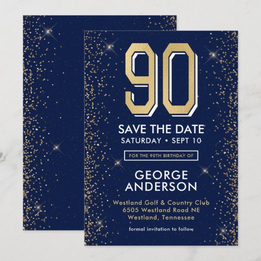 Modern Navy Blue 90ste verjaardag Save The Date (Voorkant / Achterkant)