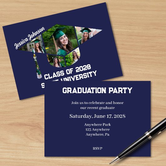 Modern Navy Blue Afstuderen Fotocollage Party Kaart