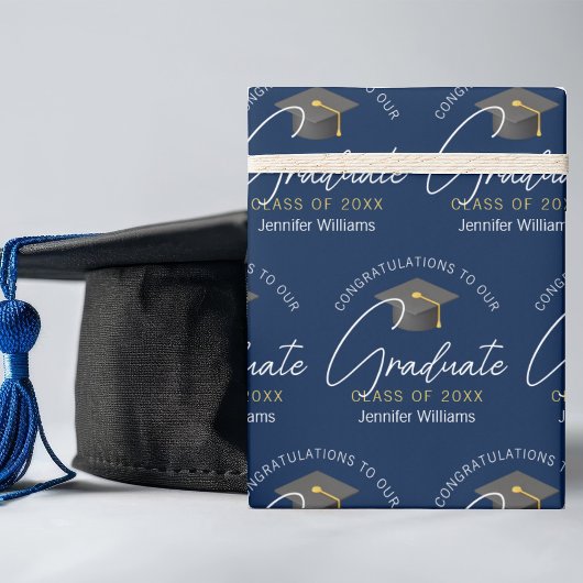 Modern Navy Blue Afstuderen Gepersonaliseerd Afstu Cadeaupapier