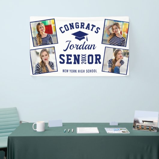 Modern Navy Blue Afstuderen Klasse van 2024 4 FOTO Spandoek (Beurs)