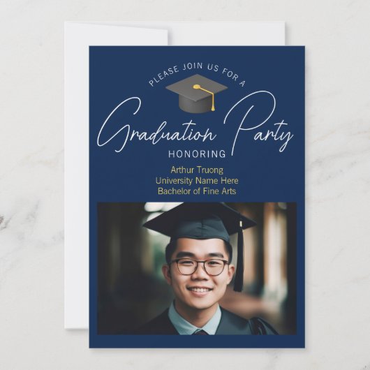 Modern Navy Blue Afstuderen Photo Party Kaart (Voorkant)