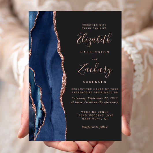 Modern Navy Blue Agaat Roos Gold Dark Wedding Kaart