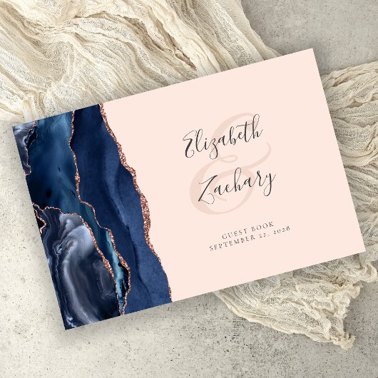 Modern Navy Blue Agaat Roos Gold Script Blush Pink Gastenboek