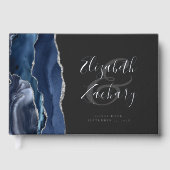 Modern Navy Blue Agaat Zilver Script Donker Gastenboek (Voorkant)