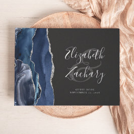 Modern Navy Blue Agaat Zilver Script Donker Gastenboek