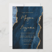 Modern Navy Blue Agate Chic Script Wedding Kaart (Voorkant)