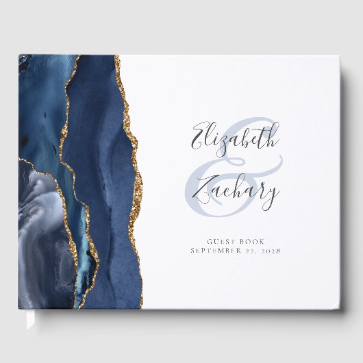 Modern Navy Blue Agate Gold Script Gastenboek (Voorkant)