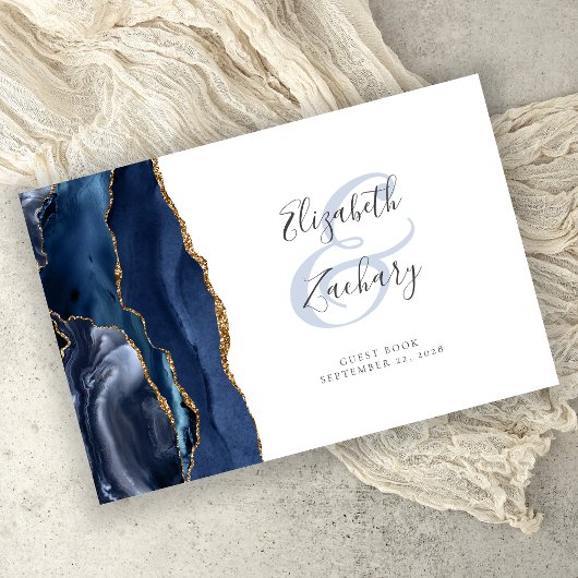 Modern Navy Blue Agate Gold Script Gastenboek