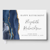 Modern Navy Blue Agate Gold Script Pensioen Gastenboek (Voorkant)