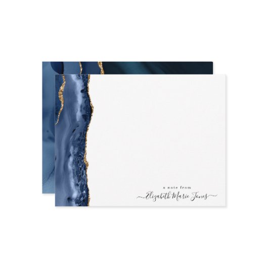 Modern Navy Blue Agate Marble Gemstone Script Name Notitiekaartje (Voorkant / Achterkant in situ)