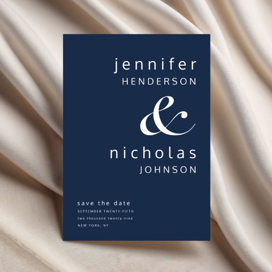 Modern Navy Blue Ampersand Typography Wedding Save The Date