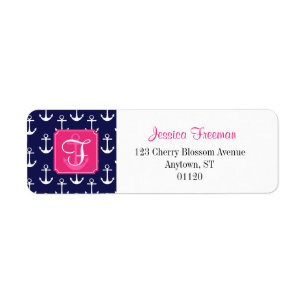Modern Navy Blue Anchors Pattern Personalized Etiket