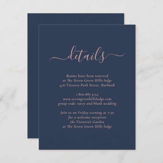 Modern Navy Blue and Blush Wedding Enclosure Card Informatiekaartje (Voorkant / Achterkant)