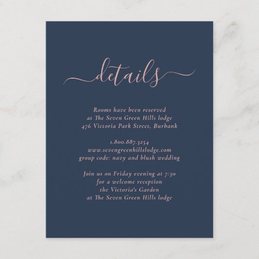 Modern Navy Blue and Blush Wedding Enclosure Card Informatiekaartje (Voorkant)