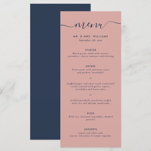 Modern Navy Blue and Blush Wedding Menu (Voorkant / Achterkant)
