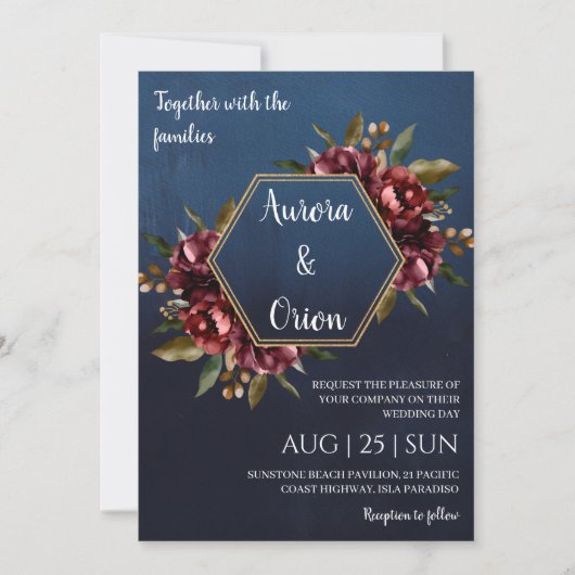 modern navy blue and burgundy wedding invitations kaart (Voorkant)