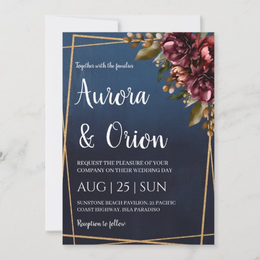 modern navy blue and burgundy wedding invitations kaart (Voorkant)