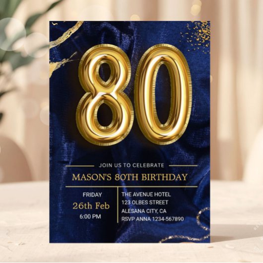 Modern Navy Blue and Gold 80th Birthday Invitation Kaart