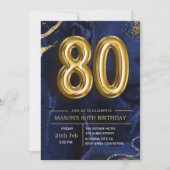 Modern Navy Blue and Gold 80th Birthday Invitation Kaart (Voorkant)