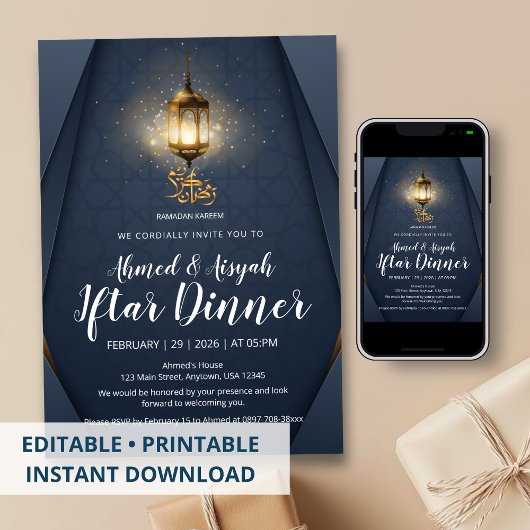 Modern Navy Blue and Gold Glowing Lantern Iftar Kaart