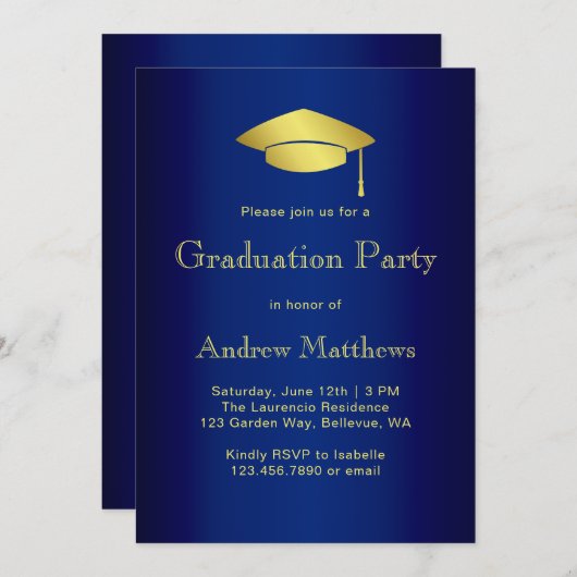 Modern Navy Blue and Gold Graduation Party Kaart (Voorkant / Achterkant)