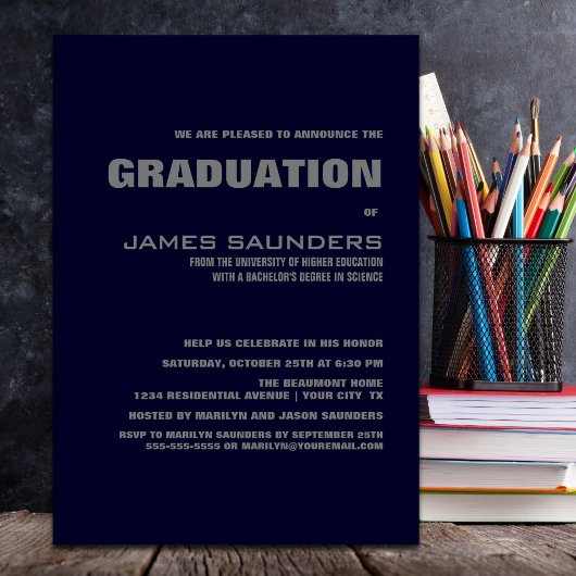 Modern Navy Blue and Grey Graduation Party Kaart
