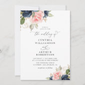 Modern Navy Blue & Blush waterverf Bloemen bruilof Kaart (Voorkant)