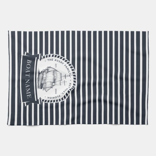 Modern Navy Blue Boat Name Persoonlijk Theedoek (Horizontaal)