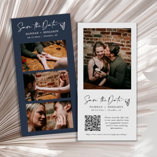 Modern Navy Blue Boho Photo Booth Strip QR Code Save The Date