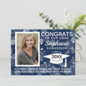 Modern Navy Blue Bokeh Bubbles Foto Afstuderen Kaart (Staand voorkant)