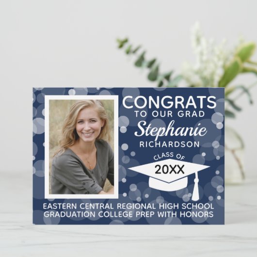 Modern Navy Blue Bokeh Bubbles Foto Afstuderen Kaart (Staand voorkant)