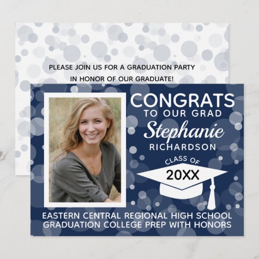 Modern Navy Blue Bokeh Bubbles Foto Afstuderen Kaart (Voorkant / Achterkant)